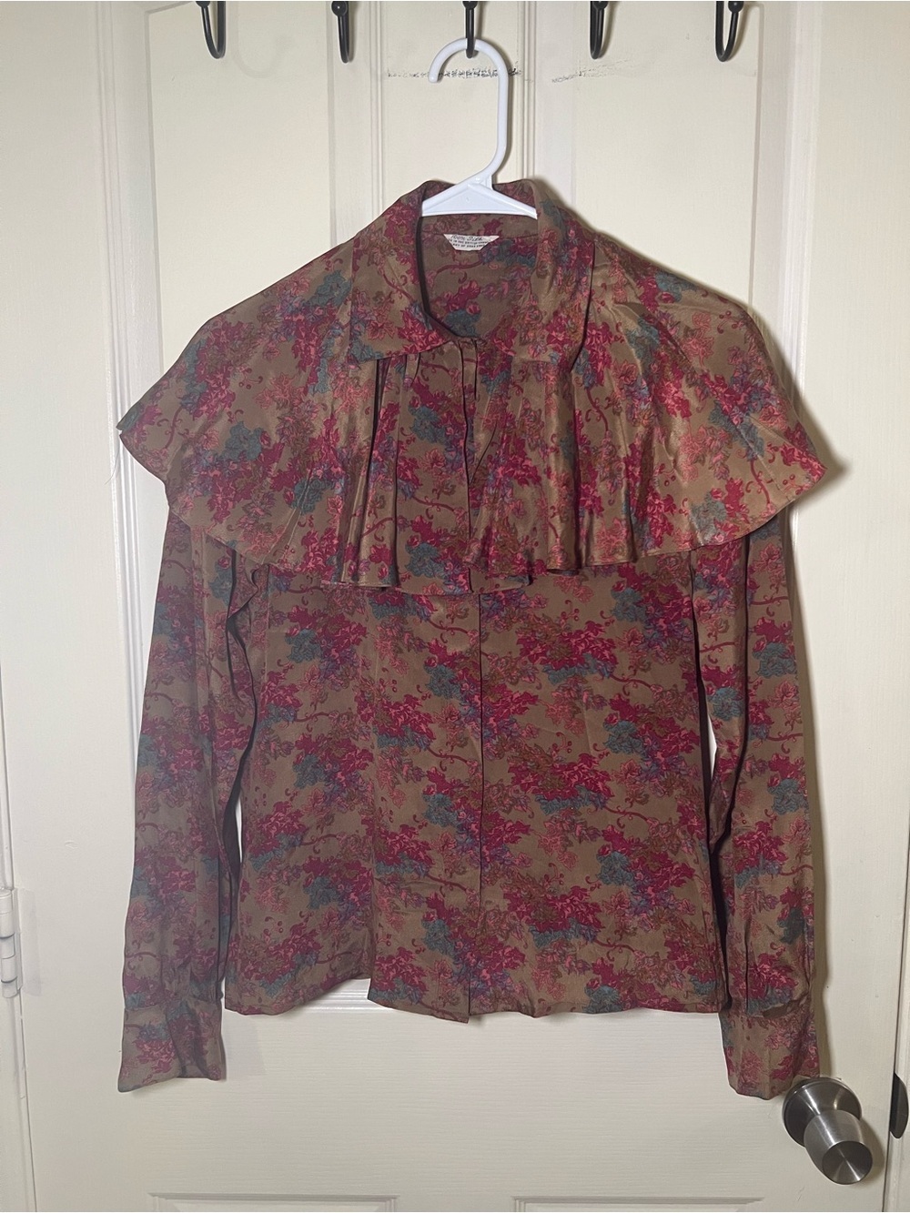 Vintage 100% Silk Hong Kong Floral Ruffle Blouse Long Sleeve Boho